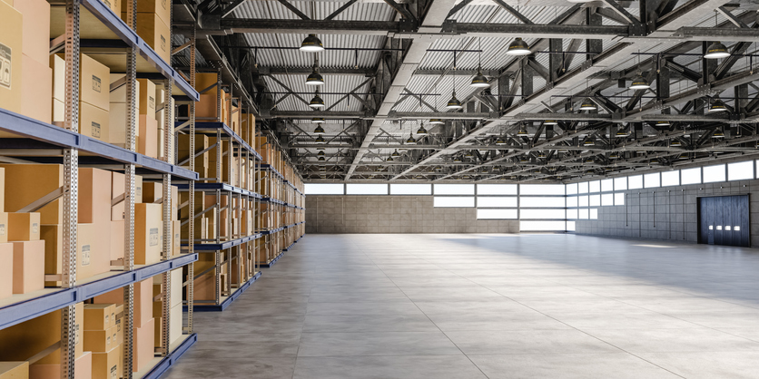 Metal shelves with cardboard boxes installed in rows inside spacious sunlit warehouse of logistic company 3d render
